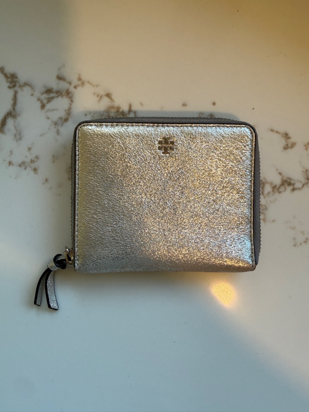 Tory Burch Metallic Silver Compact Zip Wallet with Tassel